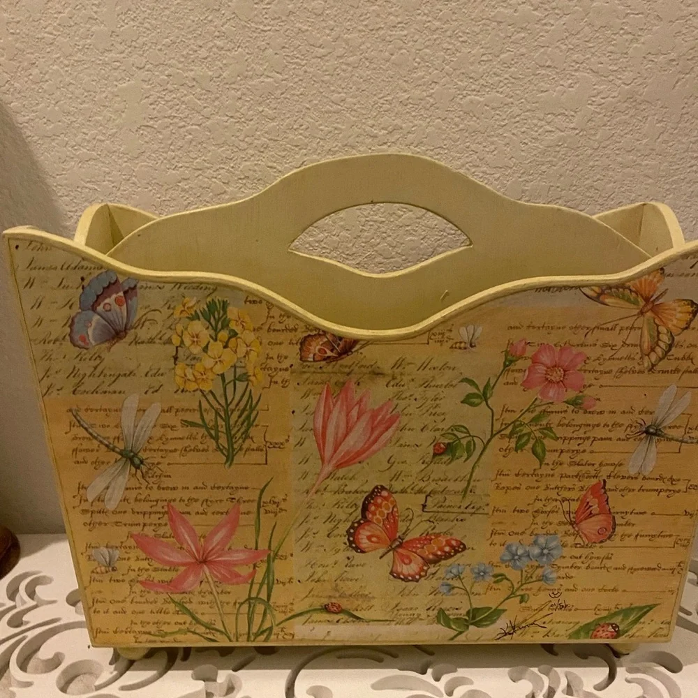 Signed Vintage Off 5th Yellow Floral Butterfly Country Wood Magazine Holder 15”H